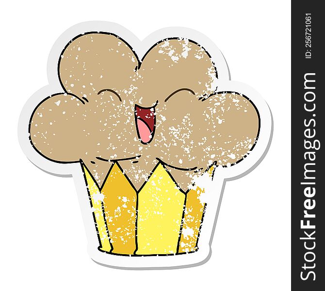 Distressed Sticker Of A Quirky Hand Drawn Cartoon Happy Cupcake