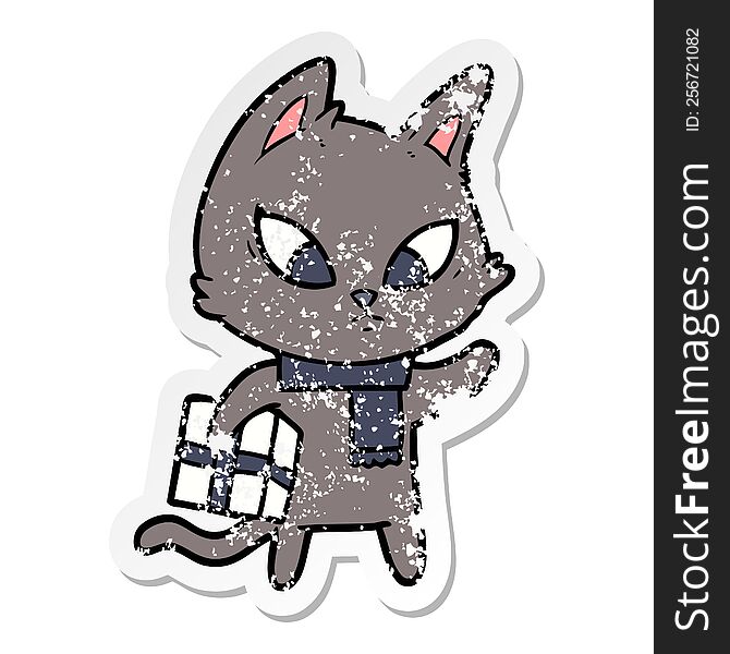 Distressed Sticker Of A Confused Cartoon Cat