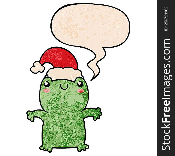 cute cartoon frog wearing christmas hat and speech bubble in retro texture style