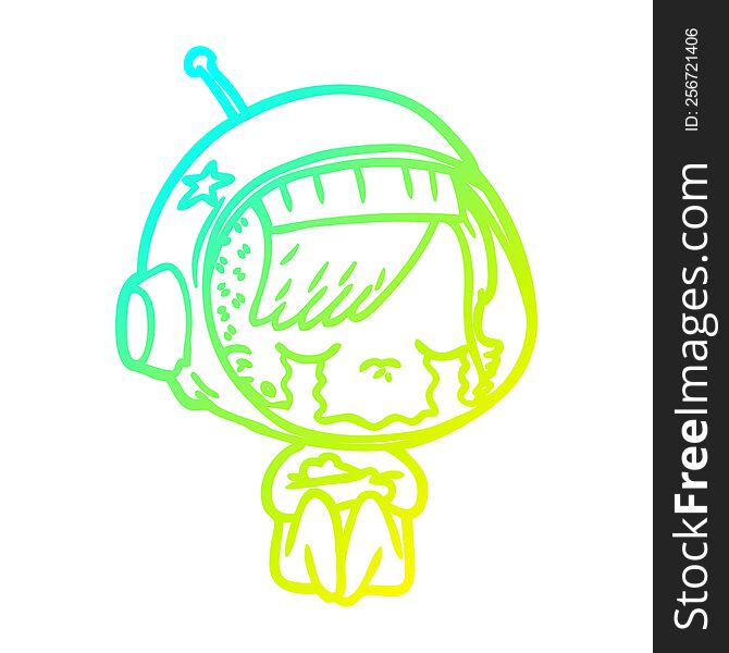 cold gradient line drawing of a cartoon crying astronaut girl