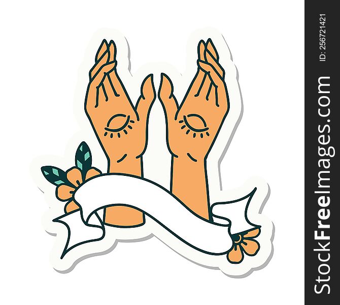 tattoo sticker with banner of mystic hands