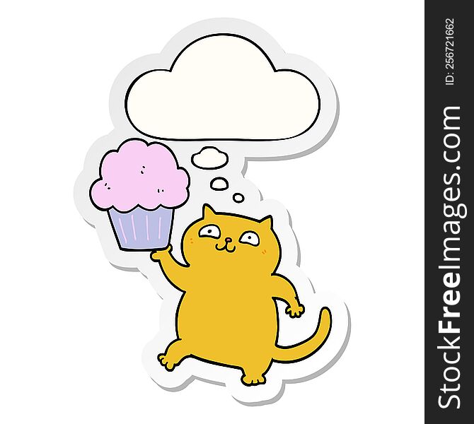 Cartoon Cat With Cupcake And Thought Bubble As A Printed Sticker
