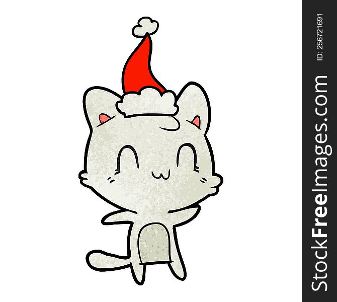 Textured Cartoon Of A Happy Cat Wearing Santa Hat