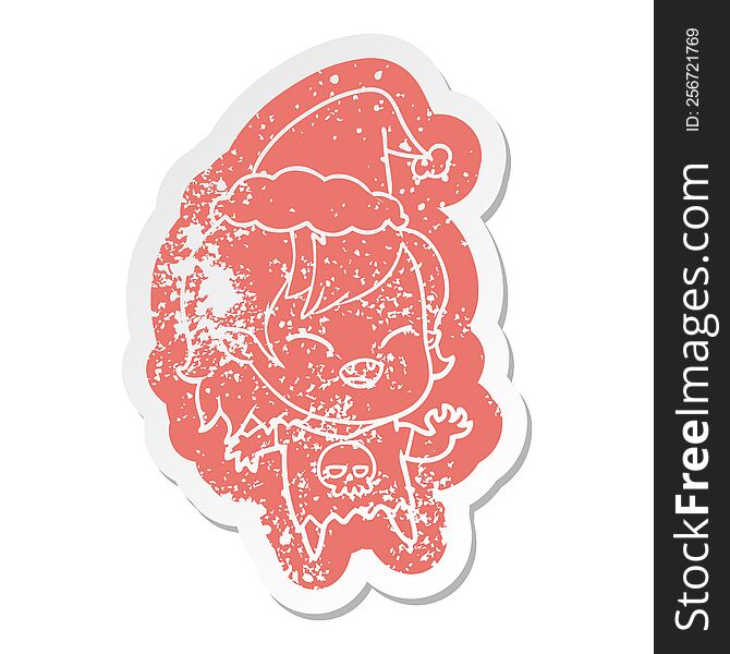 quirky cartoon distressed sticker of a laughing vampire girl wearing santa hat