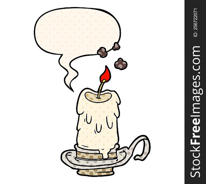 Cartoon Old Spooky Candle In Candleholder And Speech Bubble In Comic Book Style
