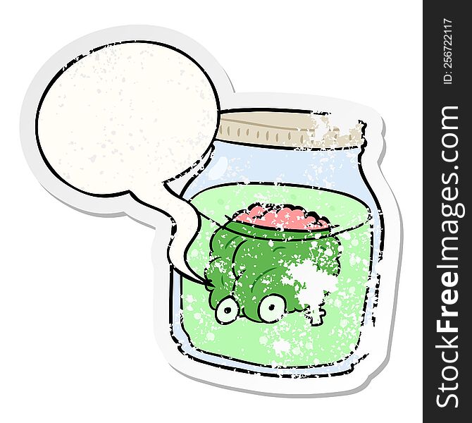 cartoon spooky brain floating in jar with speech bubble distressed distressed old sticker. cartoon spooky brain floating in jar with speech bubble distressed distressed old sticker