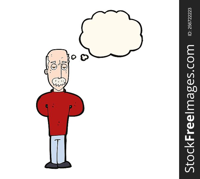 cartoon annoyed balding man with thought bubble