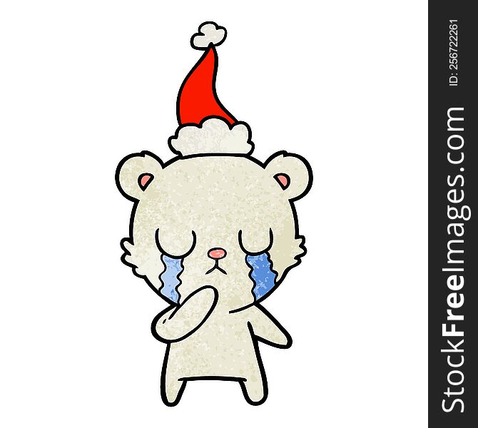 crying polar bear hand drawn textured cartoon of a wearing santa hat. crying polar bear hand drawn textured cartoon of a wearing santa hat