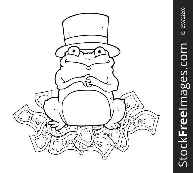 freehand drawn black and white cartoon rich frog in top hat