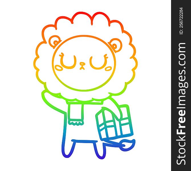 Rainbow Gradient Line Drawing Cartoon Lion With Christmas Present