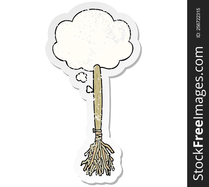Cartoon Magic Broom And Thought Bubble As A Distressed Worn Sticker