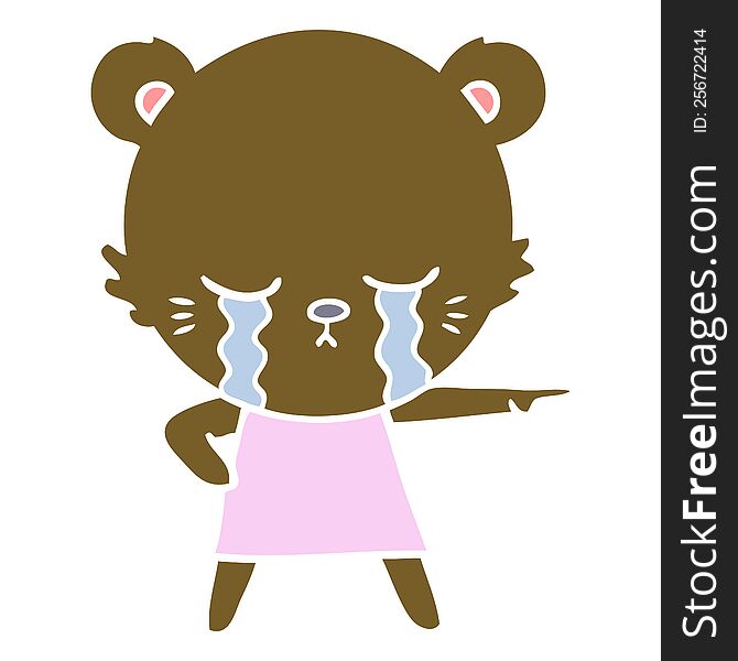 Crying Flat Color Style Cartoon Bear In Dress Pointing