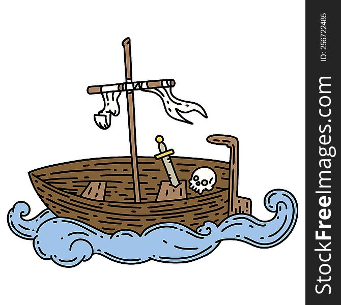 illustration of a traditional tattoo style empty boat with skull