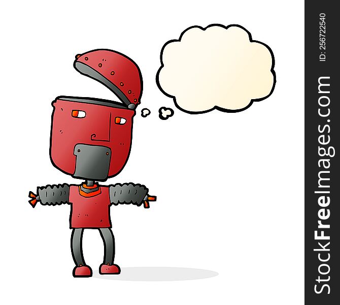 funny cartoon robot with open head with thought bubble