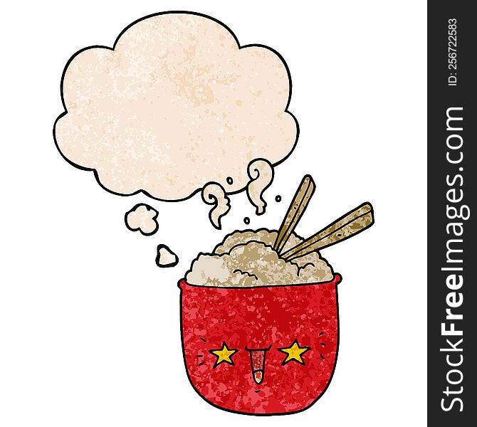 Cartoon Rice Bowl With Face And Thought Bubble In Grunge Texture Pattern Style