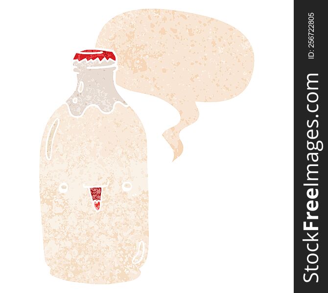 cute cartoon milk bottle with speech bubble in grunge distressed retro textured style. cute cartoon milk bottle with speech bubble in grunge distressed retro textured style