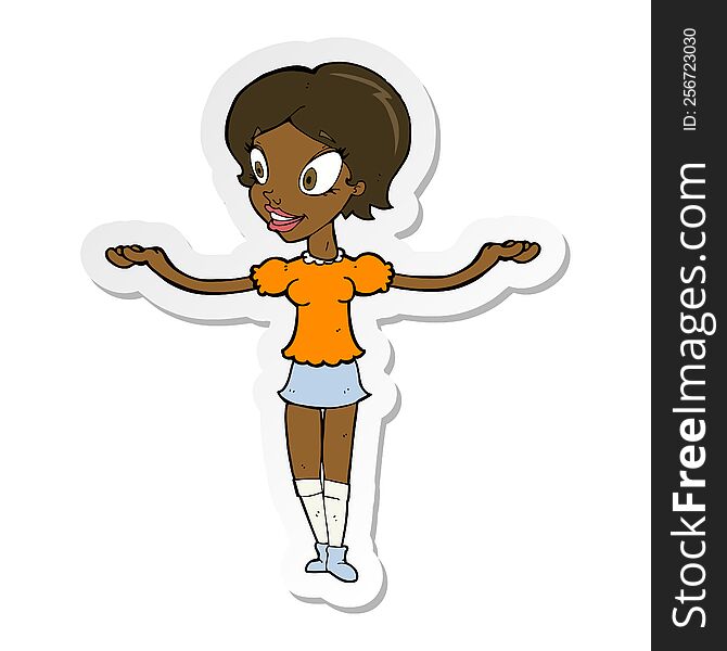 sticker of a cartoon woman with arms spread wide