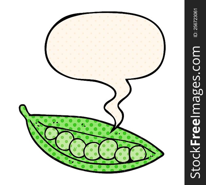 cartoon peas in pod with speech bubble in comic book style