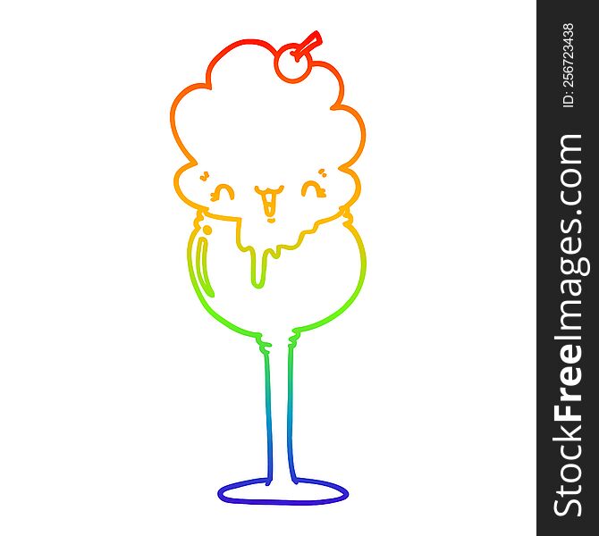 rainbow gradient line drawing of a cute cartoon ice cream desert