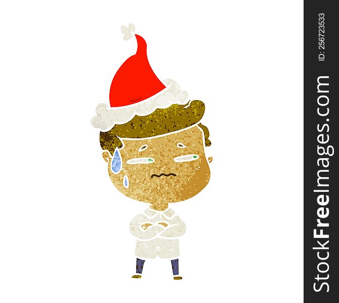 retro cartoon of a anxious man wearing santa hat