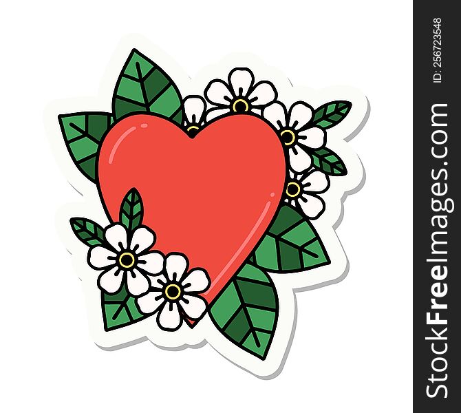 sticker of tattoo in traditional style of a botanical heart. sticker of tattoo in traditional style of a botanical heart