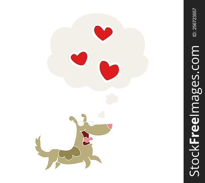 Cartoon Dog With Love Hearts And Thought Bubble In Retro Style