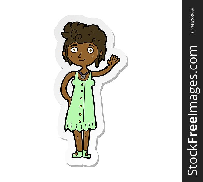 sticker of a cartoon hippie woman waving