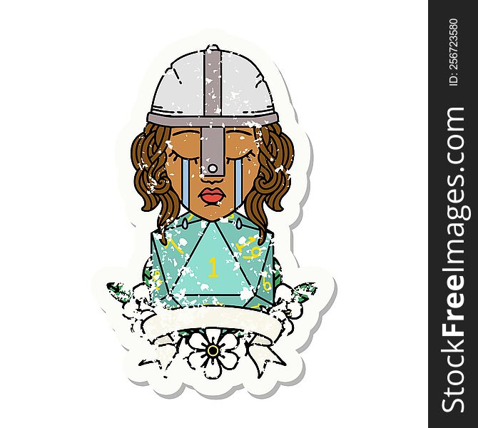 Crying Human Fighter With Natural One D20 Dice Illustration