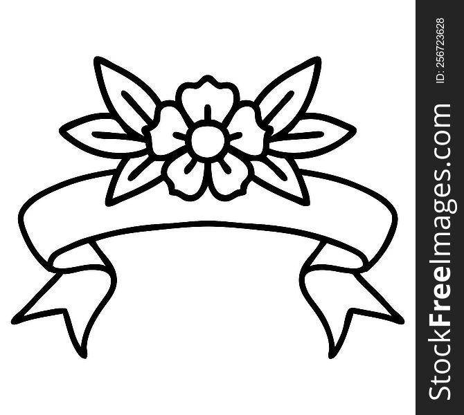 Black Linework Tattoo With Banner Of A Flower