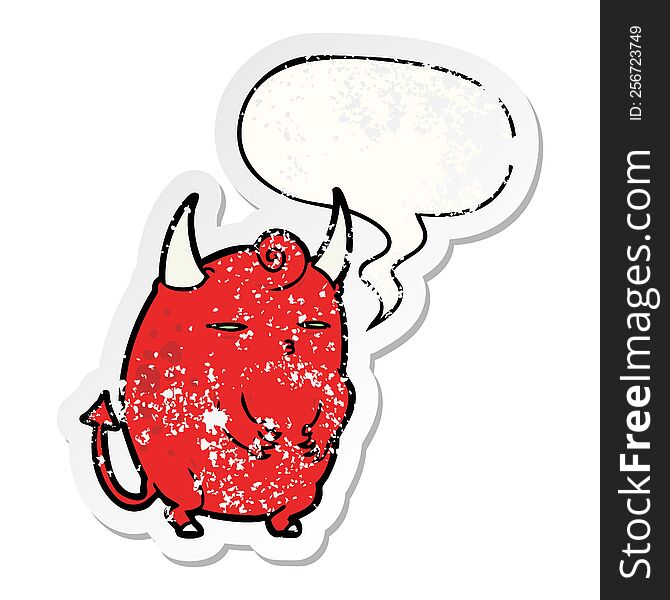 Cartoon Fat Little Halloween Devil And Speech Bubble Distressed Sticker