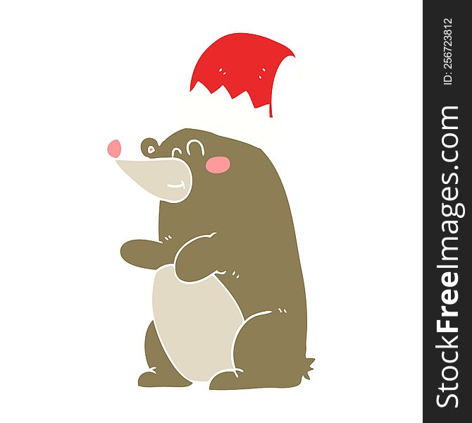 Flat Color Illustration Of A Cartoon Bear Wearing Christmas Hat