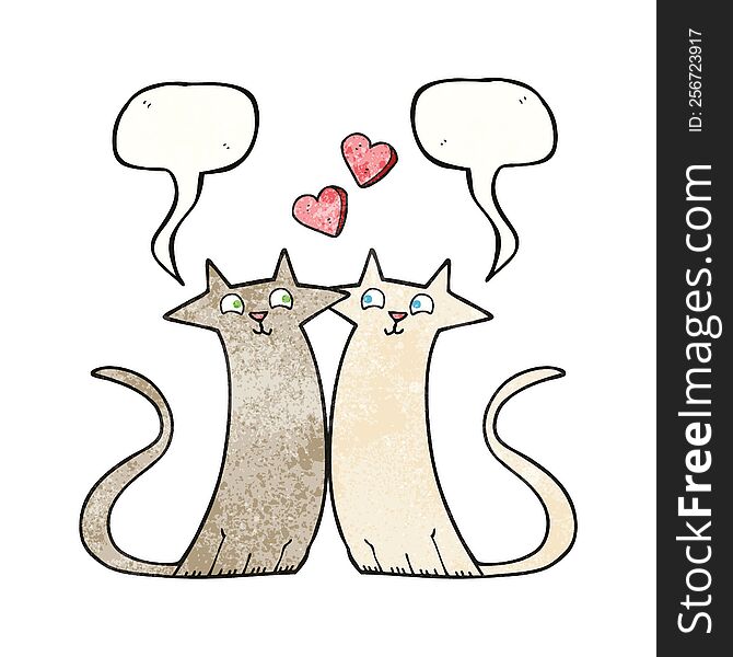 freehand speech bubble textured cartoon cats in love