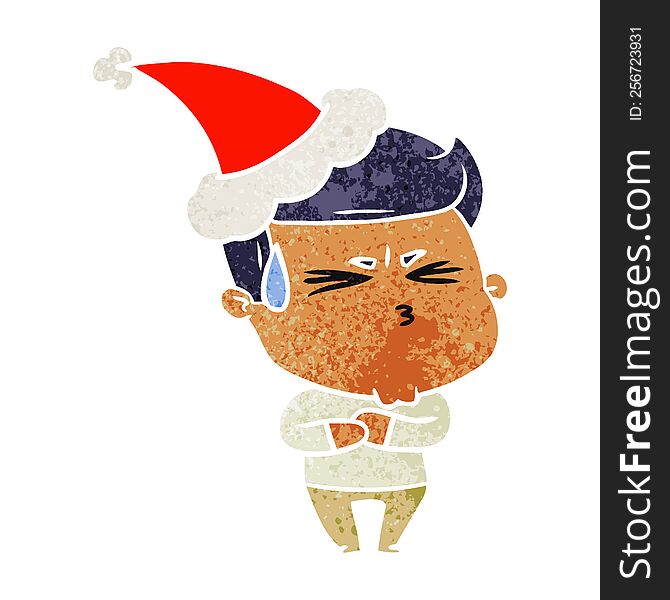 Retro Cartoon Of A Frustrated Man Wearing Santa Hat