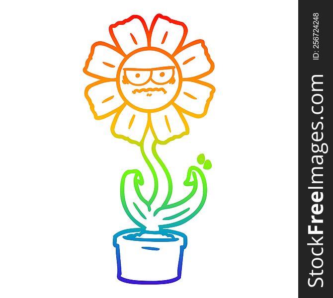 rainbow gradient line drawing of a angry cartoon flower