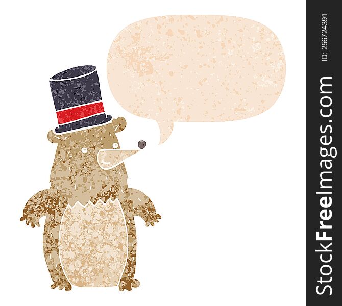 Cartoon Bear In Top Hat And Speech Bubble In Retro Textured Style