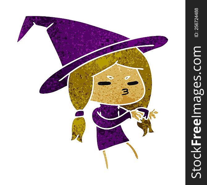 retro cartoon illustration of a cute witch kawaii girl. retro cartoon illustration of a cute witch kawaii girl