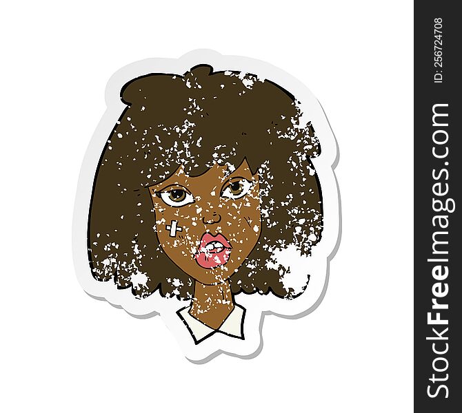 retro distressed sticker of a cartoon woman with bruised face