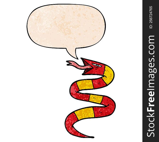 hissing cartoon snake with speech bubble in retro texture style