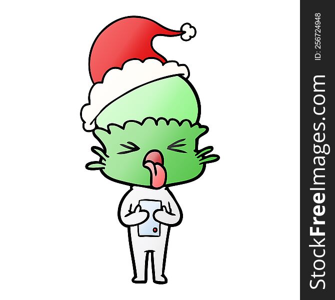 disgusted hand drawn gradient cartoon of a alien wearing santa hat. disgusted hand drawn gradient cartoon of a alien wearing santa hat