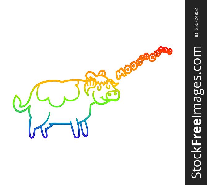 rainbow gradient line drawing of a cartoon cow