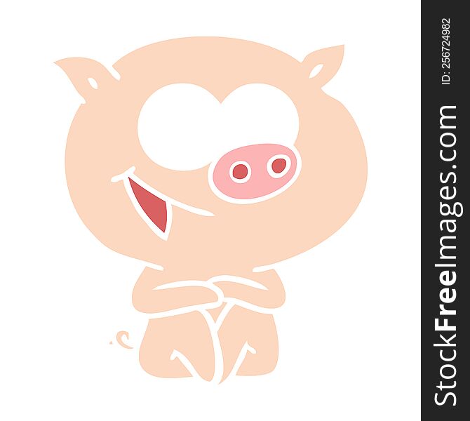 Cheerful Sitting Pig Flat Color Style Cartoon