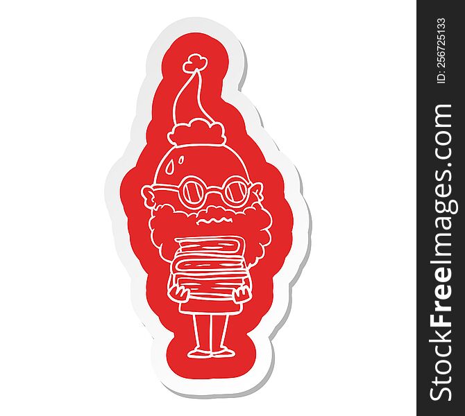quirky cartoon  sticker of a worried man with beard and stack of books wearing santa hat