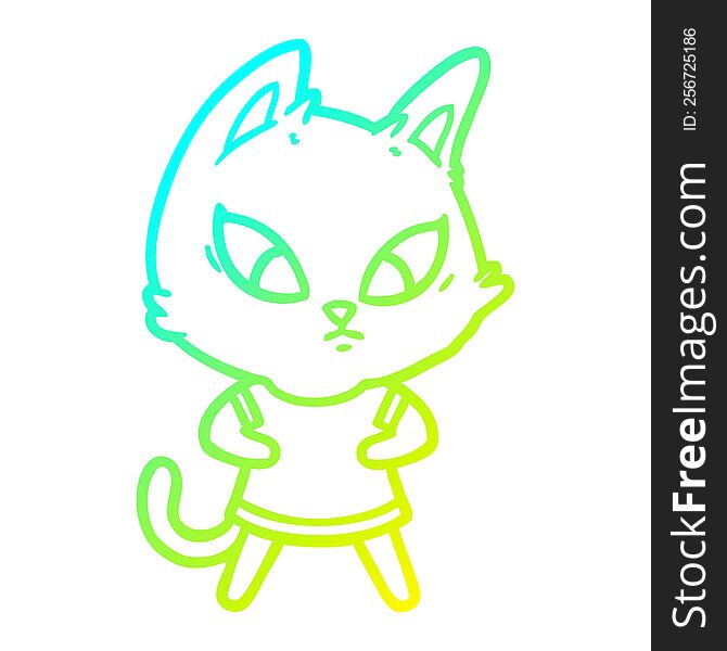 Cold Gradient Line Drawing Confused Cartoon Cat In Clothes