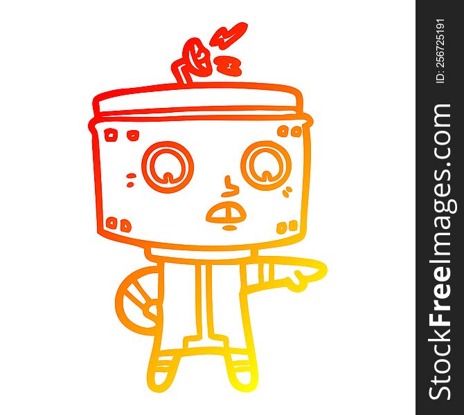 warm gradient line drawing of a cartoon robot accusing