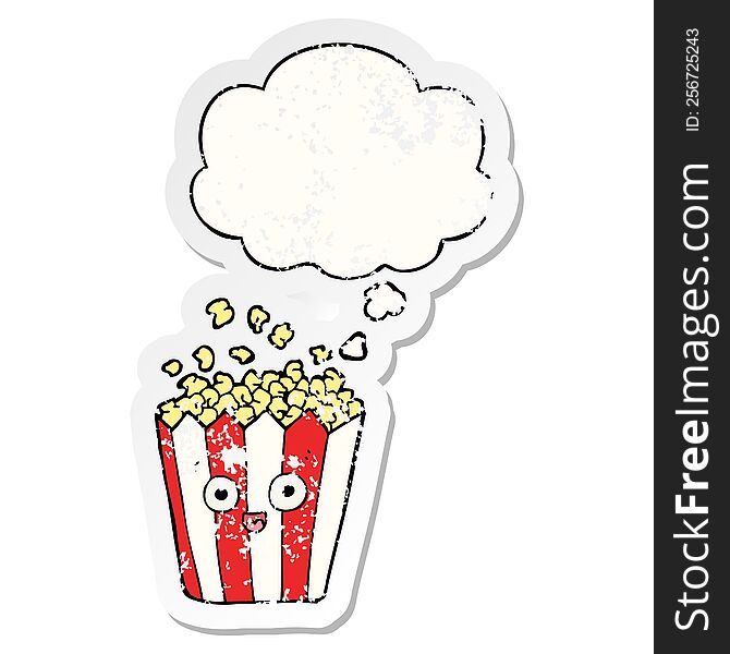 cartoon popcorn with thought bubble as a distressed worn sticker