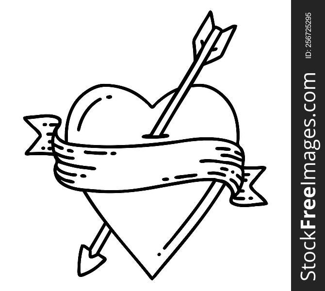 tattoo in black line style of an arrow heart and banner. tattoo in black line style of an arrow heart and banner