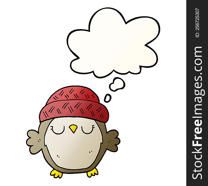 Cute Cartoon Owl In Hat And Thought Bubble In Smooth Gradient Style