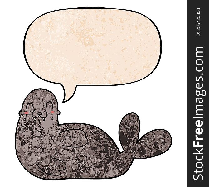 cartoon seal with speech bubble in retro texture style