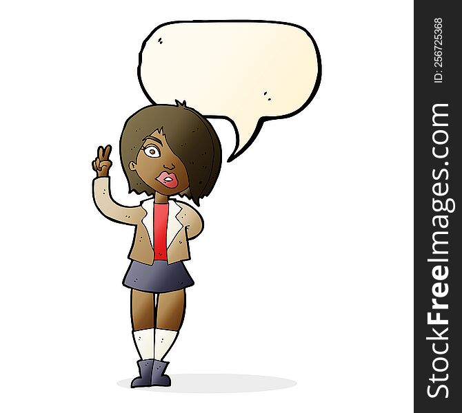 Cartoon Cool Girl Giving Peace Sign With Speech Bubble