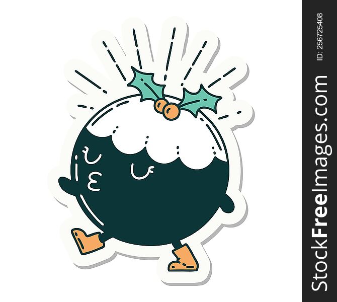 Sticker Of Tattoo Style Christmas Pudding Character Walking